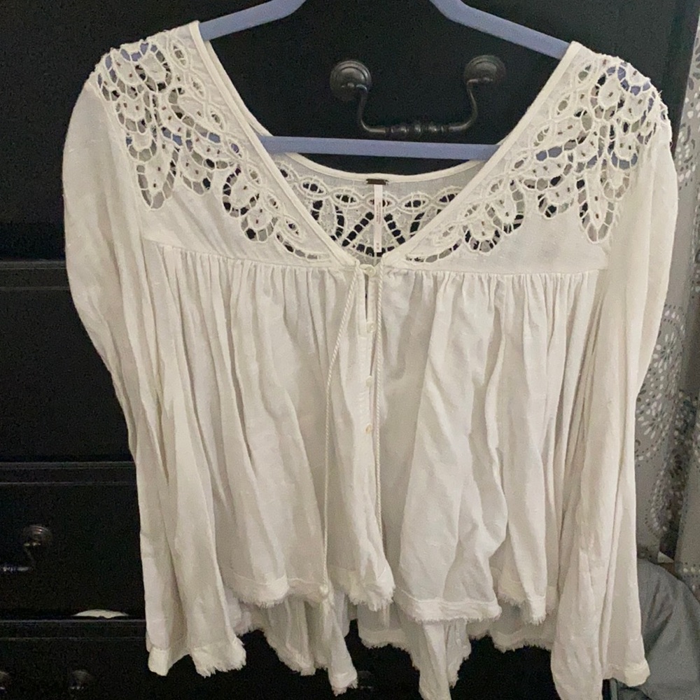 Free People Long Sleeve Lace & Linen Blouse